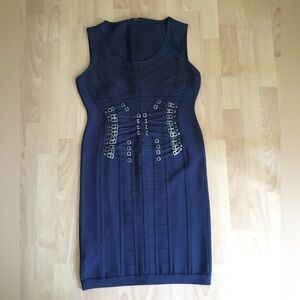 Herve Leger Blue Embellished Pleated Sheath Midi Dress